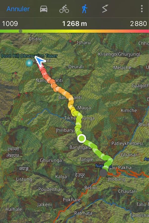 tracé de l'itinéraire sur la carte, Pokhara ➜ Ghorepani - Népal