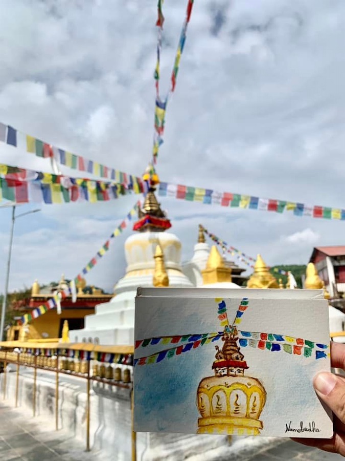 aquarelle du stupa de Namobudha